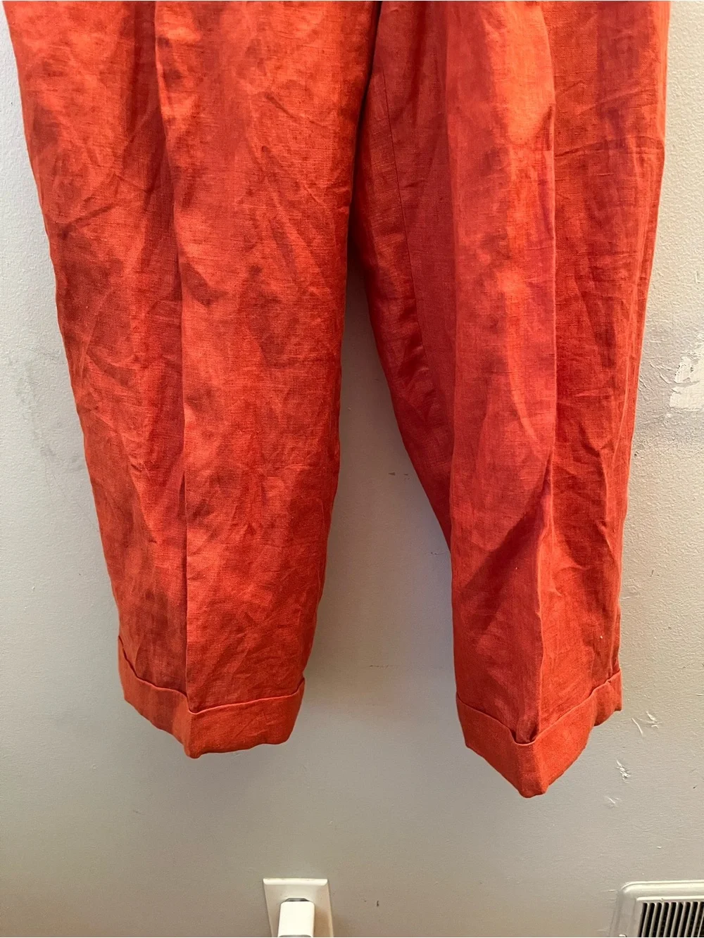 INSERCH Mens Vintage 100% Linen Pants Size 32 Burnt Orange Cuffs Pockets Pleats